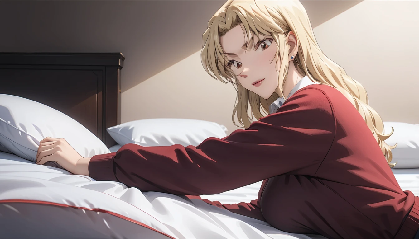 (masterpiece, best quality:1.5), ((Extremely detailed)), high resolution，Anime style，（Beautiful blonde woman, lying on the bed, red sweater, comfortable posture, perfect figure：1.3）