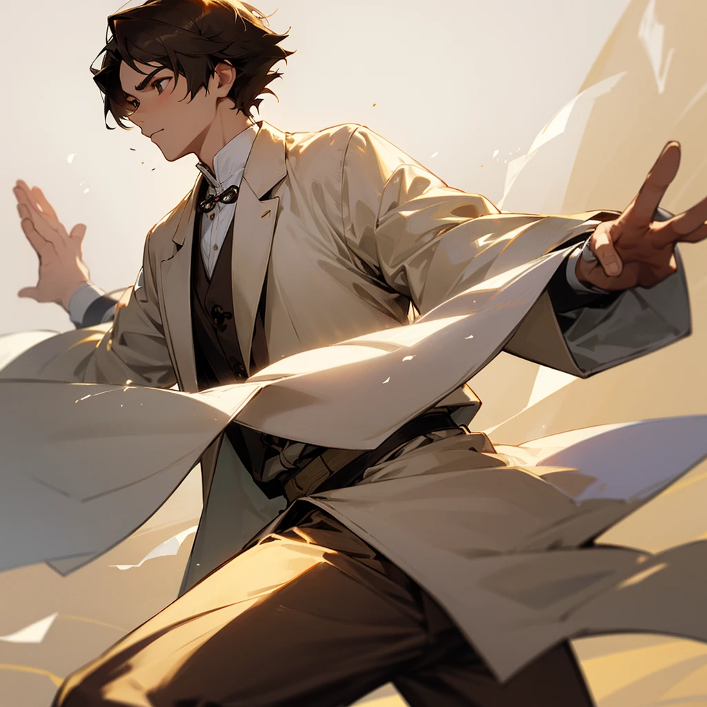 White aristocratic clothes, brown short hair, Tai Chi, young man