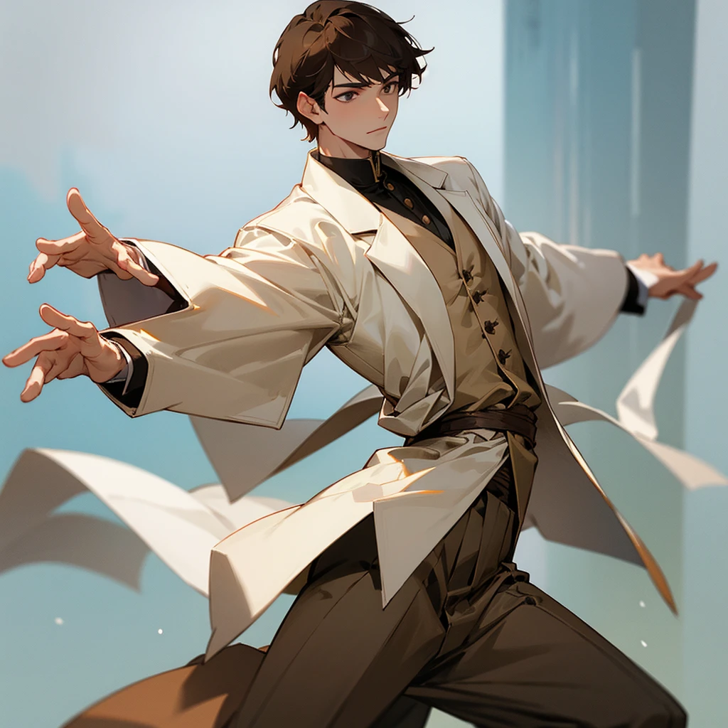 White aristocratic clothes, brown short hair, Tai Chi, young man