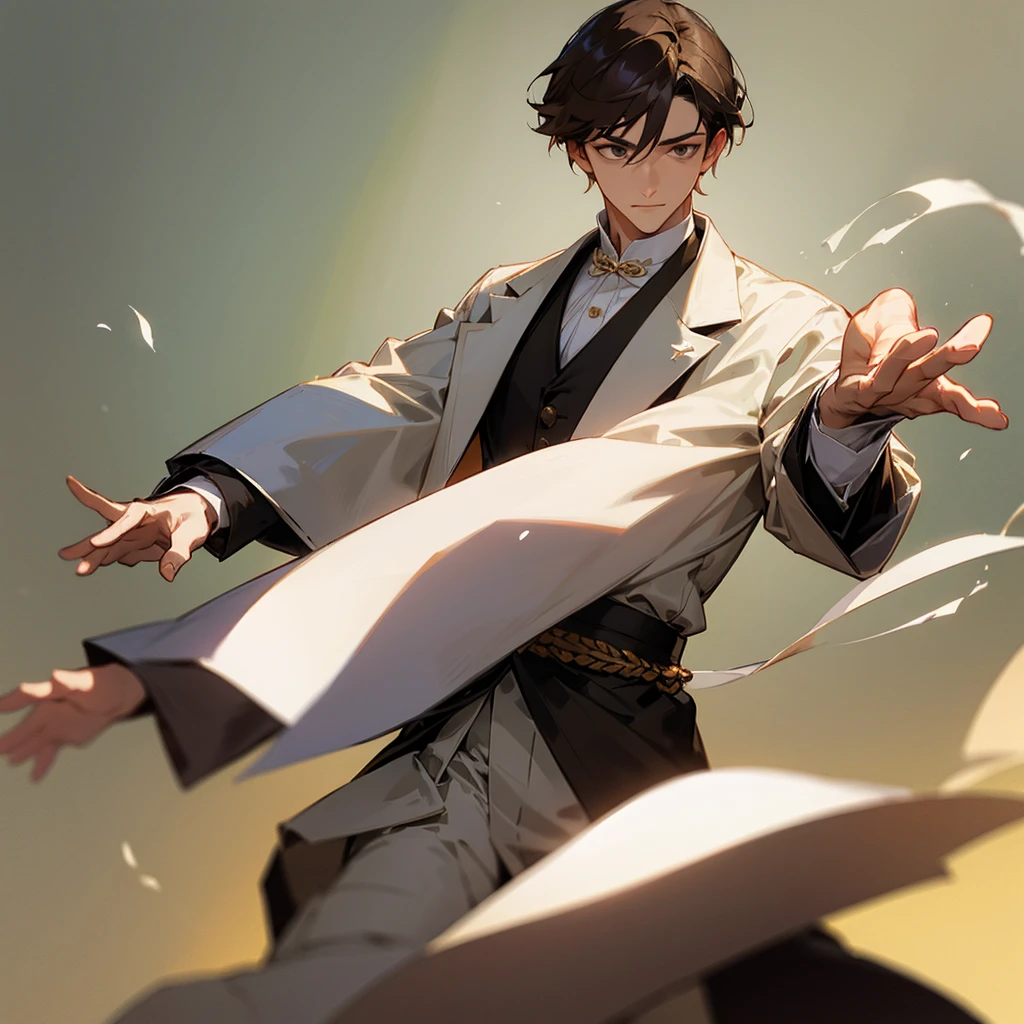 White aristocratic clothes, brown short hair, Tai Chi, young man
