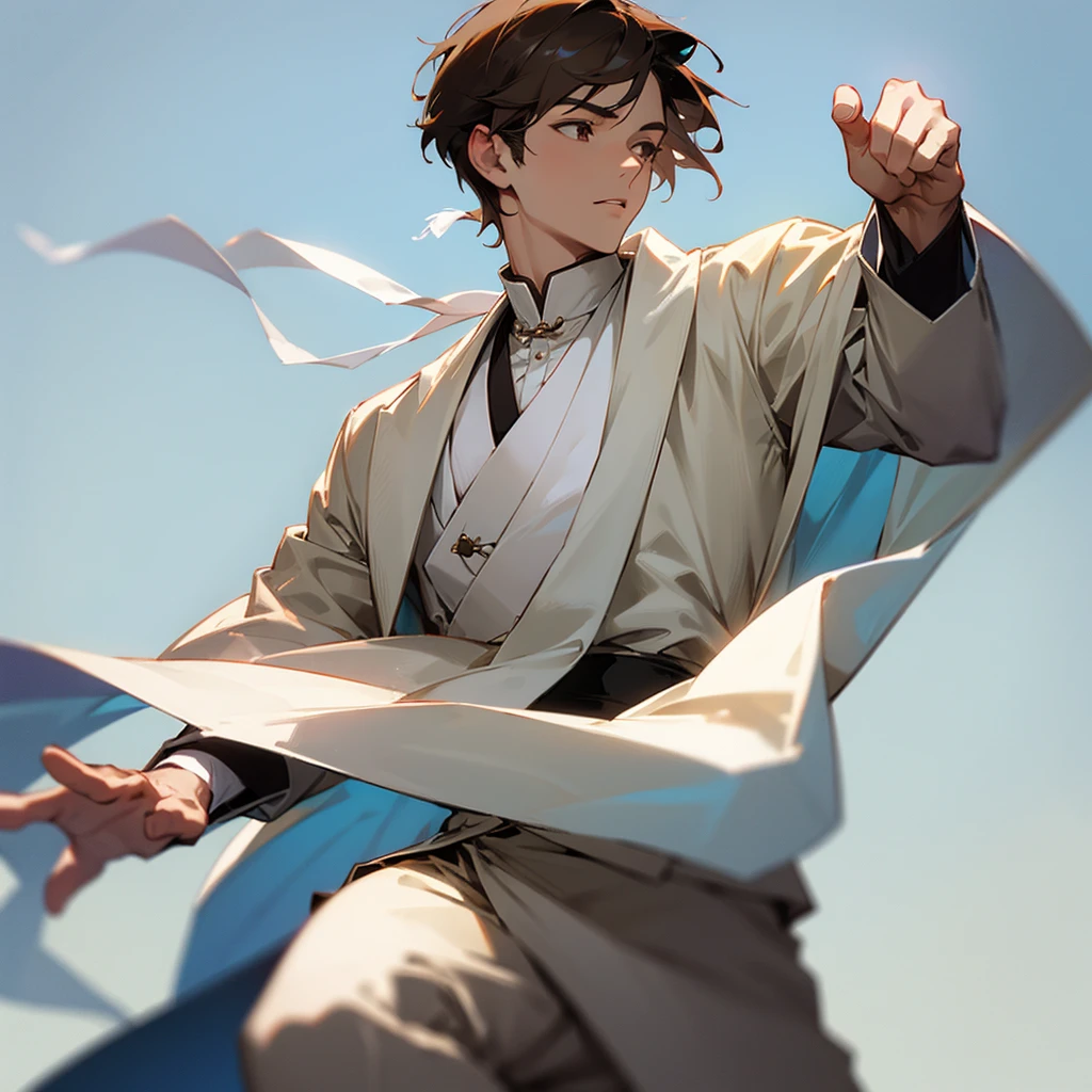 White aristocratic clothes, brown short hair, Tai Chi, young man