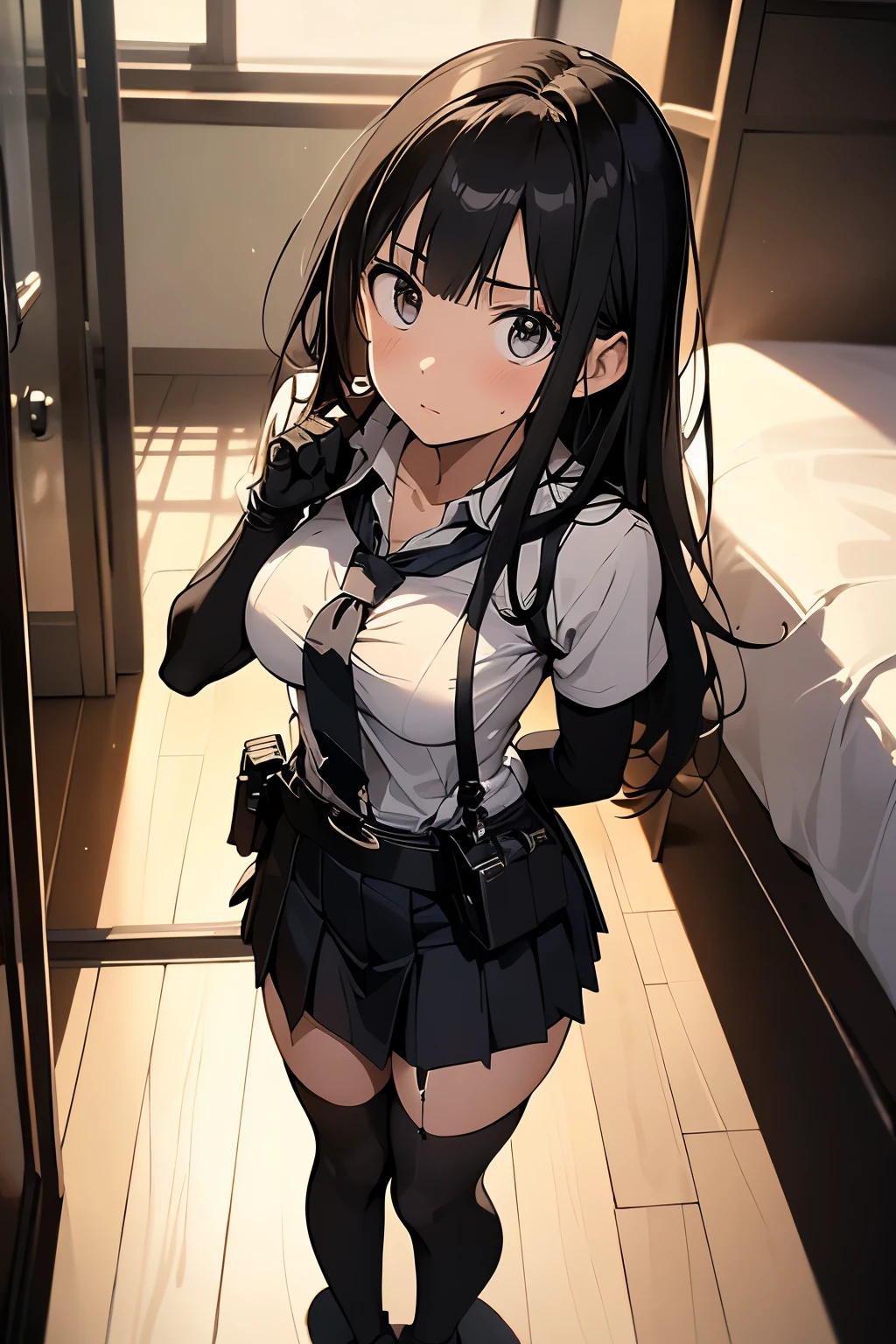 high quality, masterpiece, Ultra-high resolution, (realism: 1.4), Oil painting style, Cinema Lighting, , I stood on the empty asphalt road and looked at it., And the suspenders with the cranes flying Large Breasts Small face holster Lying in bed Looking up Sweat belt summer 脇Sweat Black Hole Gloves suit mini skirt garterbelt Leg Links ズボンにbelt holster Hands behind your back Anxious expression Looking up Anxious face Knee-high Knee socks Knee-highソックス garterbelt garter ふとももにgarterbelt