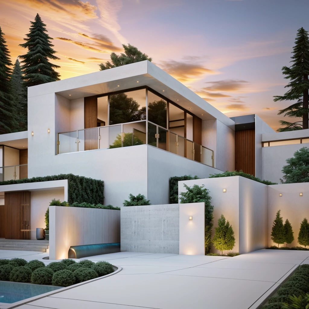 The MODERN HOUSE is located on the upper hill, (curly pathway in front of the house), white wall, concrete, glass windows, wood ceilings, (lighting in the garden), ((big front yard)), court outside, rocky, in the middle Fall of pine forest, ((SUNSET))