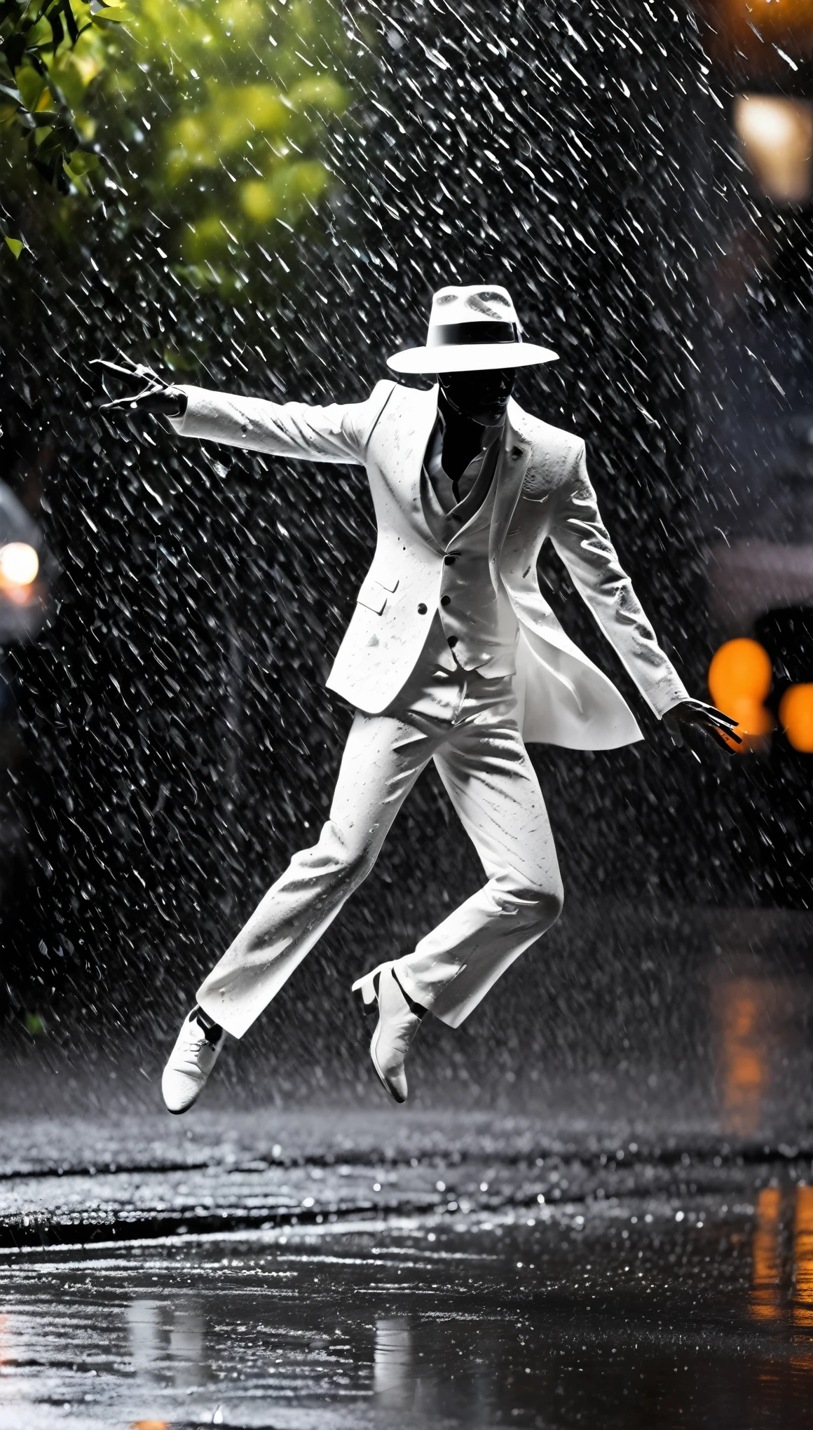 fusion of paper cutting and shadow puppetry, best quality, super fine, 16k, 2.5D, delicate and dynamic depiction, cool dancer in hat and white suit, rain, raindrops, dancing in the rain on the streets of Los Angeles, imitating Michael Jackson's famous pose, cool angle shooting effects