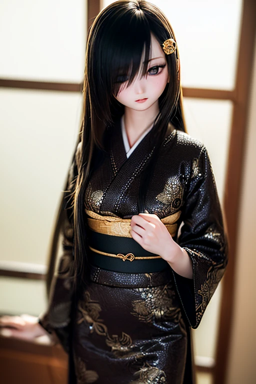(SFW:2), photorealistic, realistic photo, 8k, ((highest quality)), ((masterpiece)), ((extremely detailed)), kukolnydom, doll, (mature woman, 17yo, 17 years old:1.6), solo, ((cowboy shot, standing, skinny, slender, slim, kimono, obi, obidome, hair ornament)), green eyes, light smile, parted lips, (black hair, long hair, looking at another, blank eyes, empty eyes, detailed eyes, detailed clothes:1.3), Japanese room