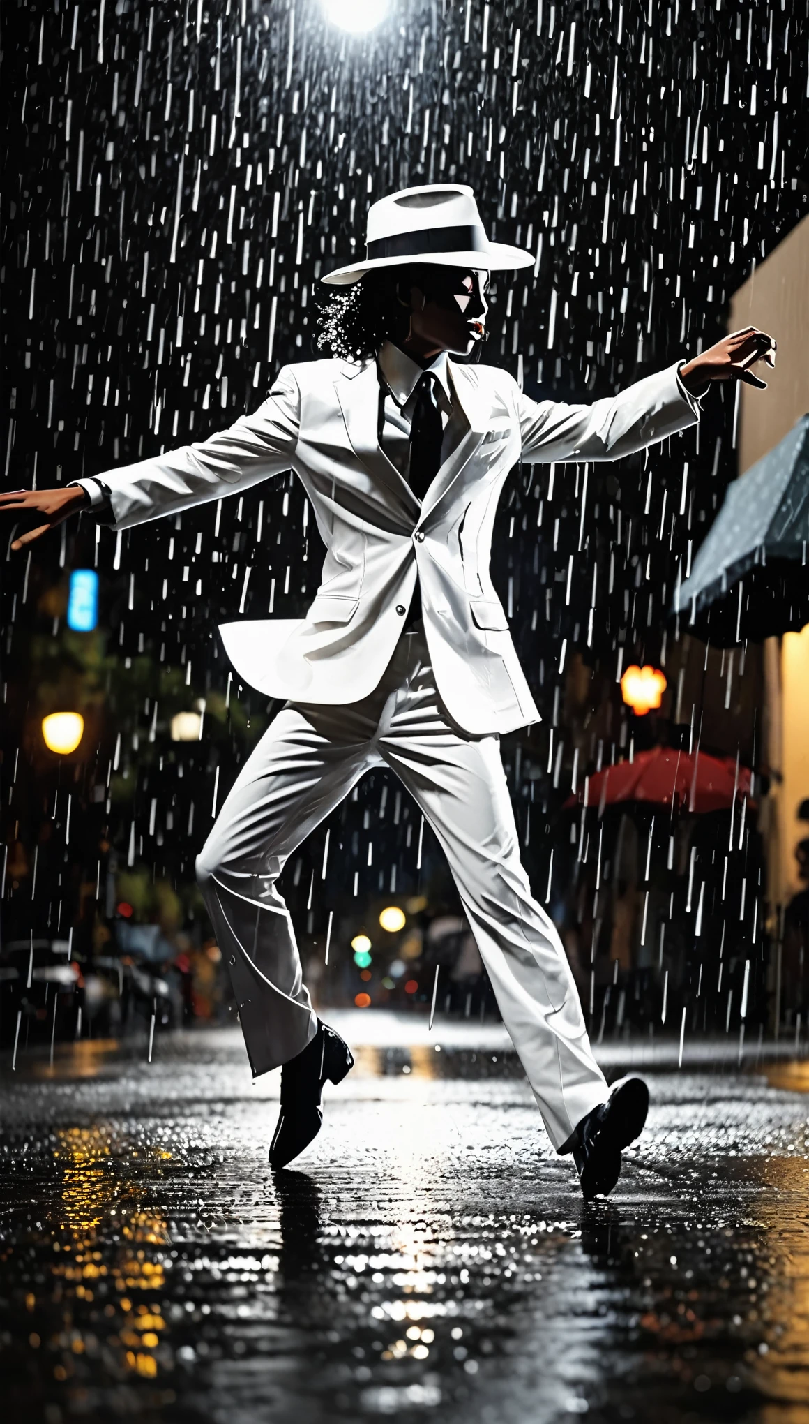 fusion of paper cutting and shadow puppetry, best quality, super fine, 16k, 2.5D, delicate and dynamic depiction, cool dancer in hat and white suit, rain, raindrops, dancing in the rain on the streets of Los Angeles, imitating Michael Jackson's famous pose, cool angle shooting effects