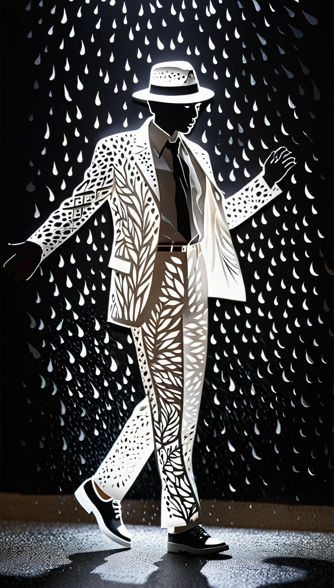 fusion of paper cutting and shadow puppetry, best quality, super fine, 16k, 2.5D, delicate and dynamic depiction, cool dancer in hat and white suit, rain, raindrops, dancing in the rain on the streets of Los Angeles, imitating Michael Jackson's famous pose, cool angle shooting effects