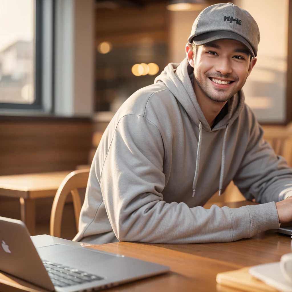 a man sitting at a cafe table, working on an apple laptop, smiling at the camera, wearing a grey hoodie and a cap, cinematic lighting, detailed facial features, hyper realistic, 8k, photorealistic, professional photography, studio lighting, natural light, warm colors, golden hour lighting, shallow depth of field, bokeh background