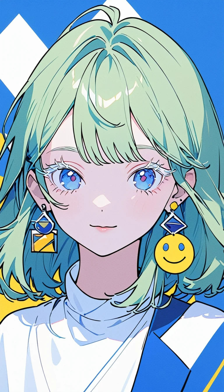 The Minimalists,Fashion Girl,Blue Background,Green Hair,Wearing special earrings,Clear eyelashes,Bright blue eyes,Clean通透的眼珠,closure,Smiley face flat illustration,geometry,Clean