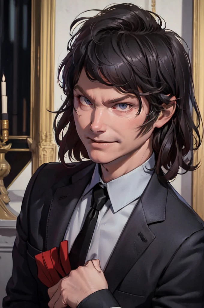 solo, imposing pose of Javier Milei on the steps of the congress of argentina, , masterpiece, best quality, portrait of sks man , black suit and red tie, very detailed face, high quality, serious face, evil smile,