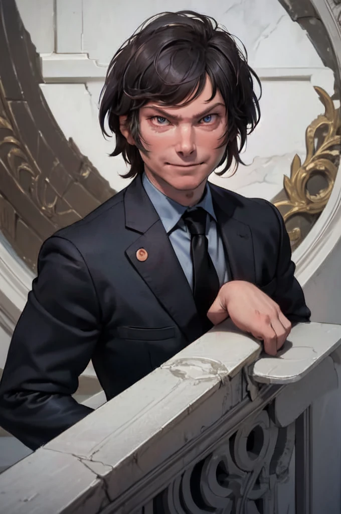 solo, imposing pose of Javier Milei on the steps of the congress of argentina, , masterpiece, best quality, portrait of sks man , black suit and red tie, very detailed face, high quality, serious face, evil smile,