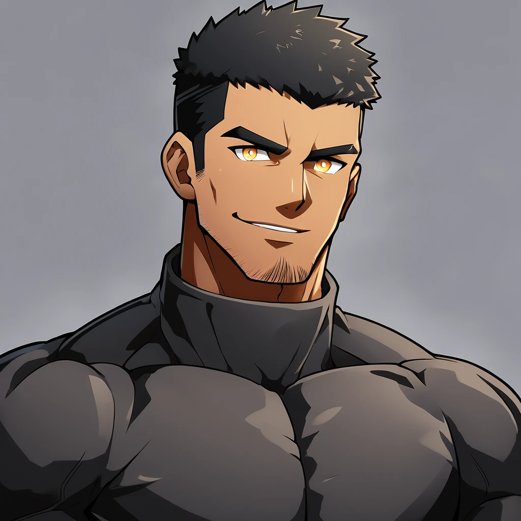 anime characters:Gyee, Muscle Sports Student, negro black skin, 1 dark skin muscular tough guy, Manliness, male focus, Dark grey high collar long sleeve wetsuit, Matte texture, Very tight, Round, firm and full chest muscles, Slightly transparent, muscular male, muscular, only, Upper body, alone, Black short hair, Thick eyebrows, stubble, Yellow eyes, Grey background, simple background, amazing quality, best aesthetics, Ridiculous, bright pupils, crew cut, parted lips, seductive smile, torogao, naughty face, best quality