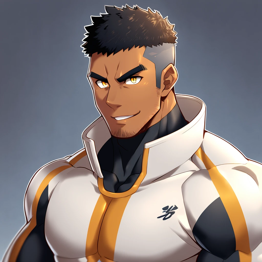 anime characters：Gyee, Muscle Sports Student, negro black skin, 1 dark skin muscular tough guy, Manliness, male focus, Dark grey high collar long sleeve wetsuit, Matte texture, Very tight, Round, firm and full chest muscles, Slightly transparent, muscular male, muscular, only, Upper body, alone, Black short hair, Thick eyebrows, stubble, Yellow eyes, Grey background, simple background, amazing quality, best aesthetics, Ridiculous, bright pupils, crew cut, parted lips, seductive smile, torogao, naughty face, best quality