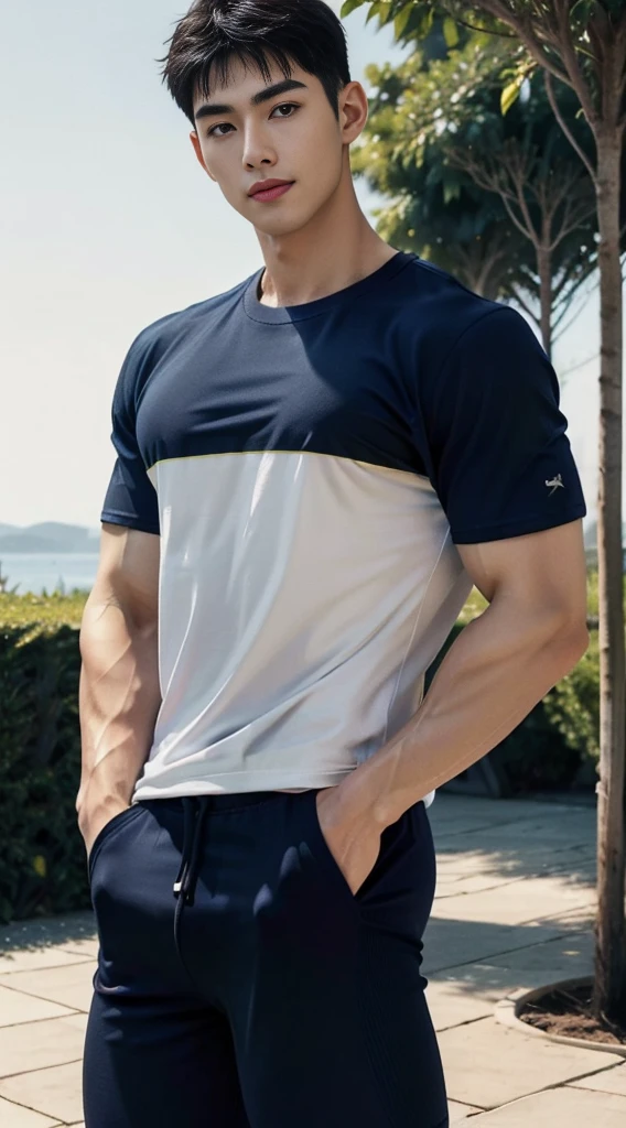 (As a matter of fact, Masterpiece, 8k HD, good light quality, sportswear, fit the face, complicated details), A handsome and muscular young Korean man., Have muscles, (Buzzcut short hair:1.5)  ,(Broad shoulders:1.3), 20 years old, be happy, smile brightly, detailed face, delicate eyes, มองดูsky, (Wear a navy tight T-shirt.:1.6), period, black eyes, Black hair color, ผมsmooth, smooth, outdoor sports, Along the garden, Sunny,sky，Surreal，Awesome details，Highest quality，real，(As a matter of fact, Masterpiece, 8k HD, good light quality, sportswear, fit the face, complicated details), A handsome and muscular young Korean man. Have muscles ,(Broad shoulders:1.3), 20 years old, be happy, smile brightly, detailed face, delicate eyes, มองดูsky, (Wear a navy tight T-shirt.:1.6), period, black eyes, Black hair color, ผมsmooth, smooth, outdoor sports, Along the garden, Sunny,sky，Surreal，Awesome details，Highest quality，real