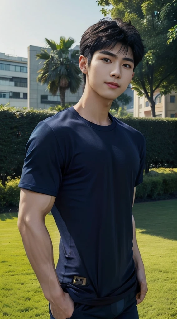 (As a matter of fact, Masterpiece, 8k HD, good light quality, sportswear, fit the face, complicated details), A handsome and muscular young Korean man., Have muscles, (Buzzcut short hair:1.5)  ,(Broad shoulders:1.3), 20 years old, be happy, smile brightly, detailed face, delicate eyes, มองดูsky, (Wear a navy tight T-shirt.:1.6), period, black eyes, Black hair color, ผมsmooth, smooth, outdoor sports, Along the garden, Sunny,sky，Surreal，Awesome details，Highest quality，real，(As a matter of fact, Masterpiece, 8k HD, good light quality, sportswear, fit the face, complicated details), A handsome and muscular young Korean man. Have muscles ,(Broad shoulders:1.3), 20 years old, be happy, smile brightly, detailed face, delicate eyes, มองดูsky, (Wear a navy tight T-shirt.:1.6), period, black eyes, Black hair color, ผมsmooth, smooth, outdoor sports, Along the garden, Sunny,sky，Surreal，Awesome details，Highest quality，real