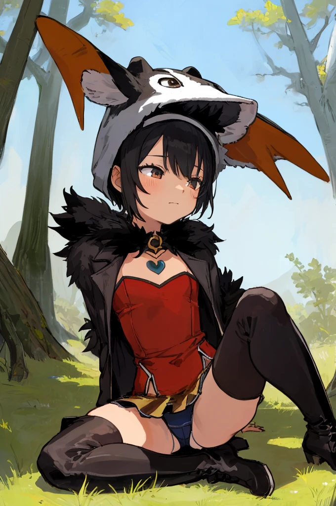 1girl,,tanned body,short hair,sitting on ground,,open legs,spread legs,outdoor,miniskirt,panties,expressionless,(((looking away))),thighhighs,boots,(((fantasy,animal costume)))