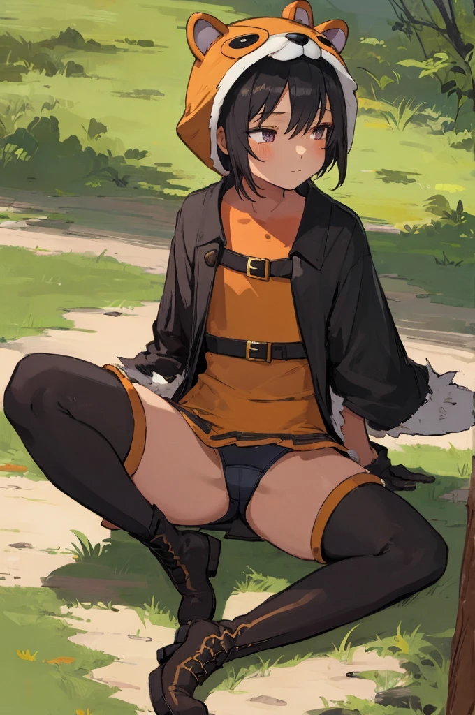 1girl,10yo,tanned body,short hair,sitting on ground,,open legs,spread legs,outdoor,miniskirt,panties,expressionless,(((looking away))),thighhighs,boots,(((fantasy,animal costume)))