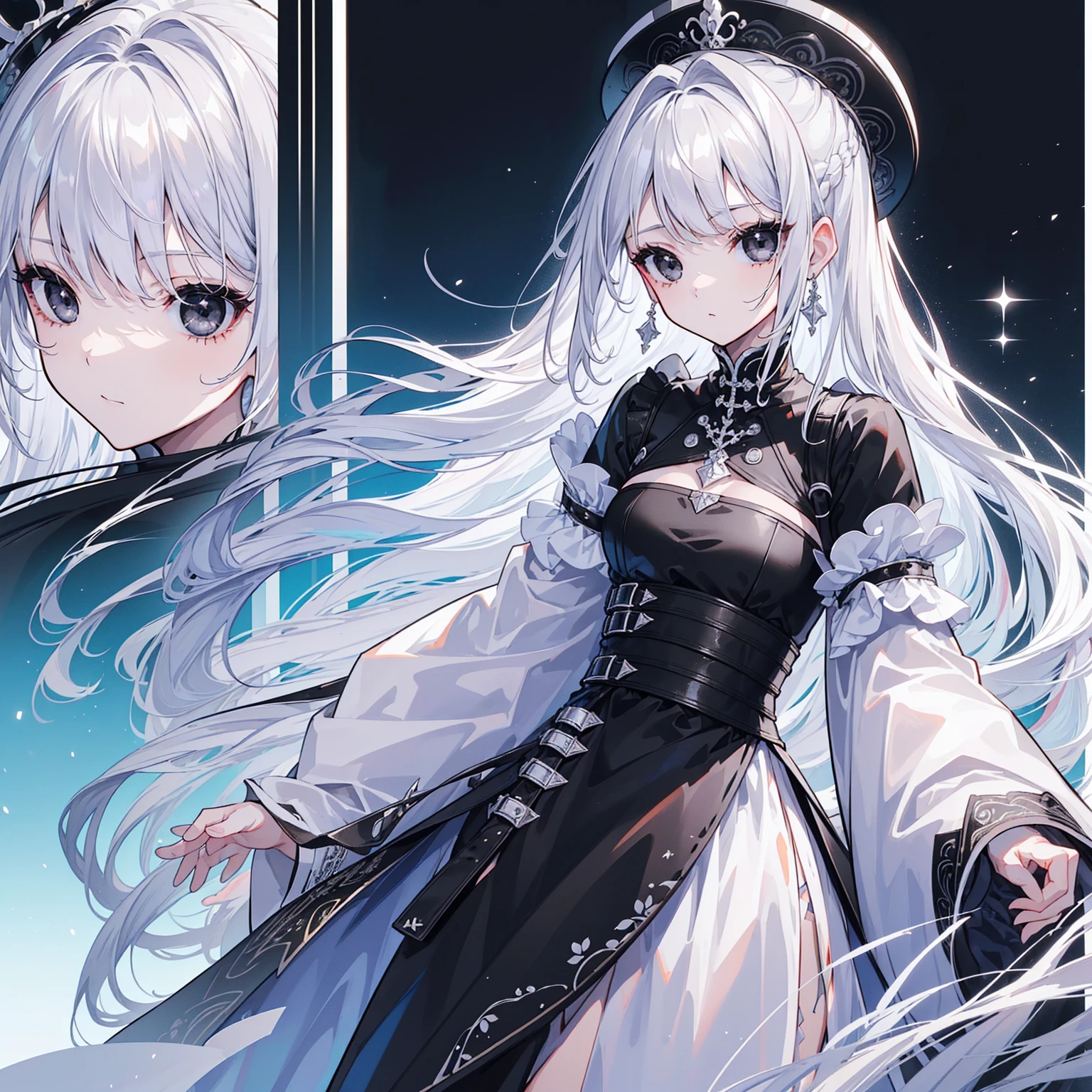 (Top image quality)、(Ultra Detailed)、(Facing forward)、top quality、masterpiece、((((1 girl))))、Silver Hair、white hair、((Long hair))、(black eyes:1.6)