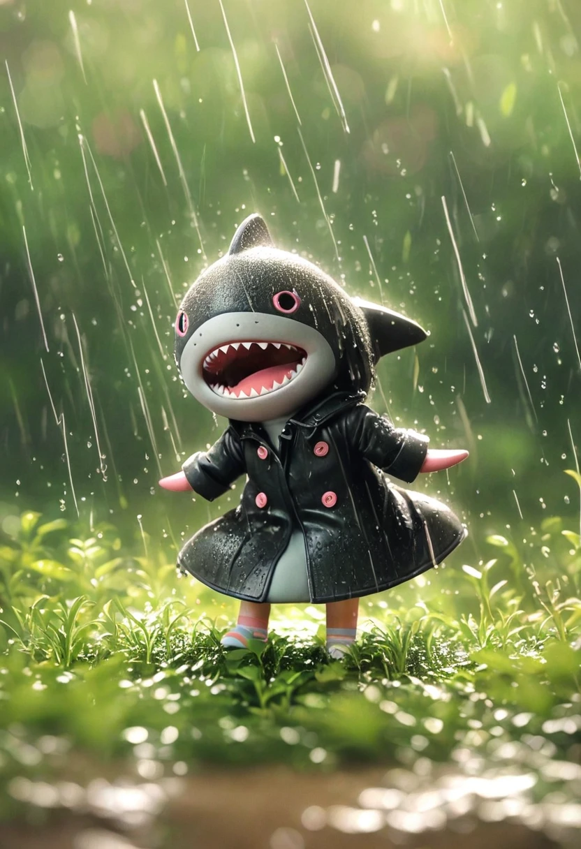 Sexy pink Shark Girl wearing a black trench coat,(No humans),E7E48U，Dancing in the Rain，rain, Background grassland