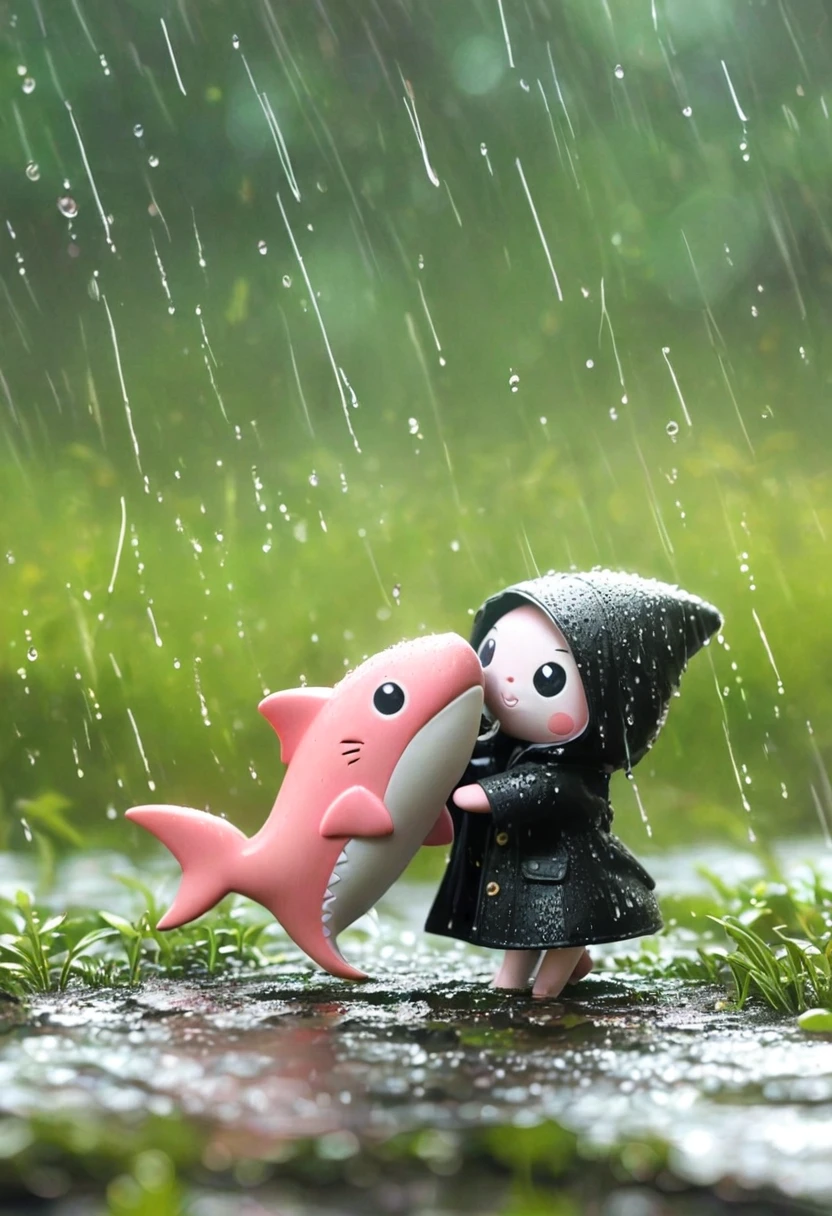 Sexy pink Shark Girl wearing a black trench coat,(No humans),E7E48U，Dancing in the Rain，rain, Background grassland