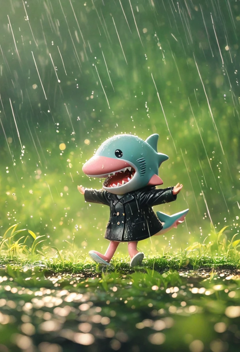 Sexy pink Shark Girl wearing a black trench coat,(No humans),E7E48U，Dancing in the Rain，rain, Background grassland