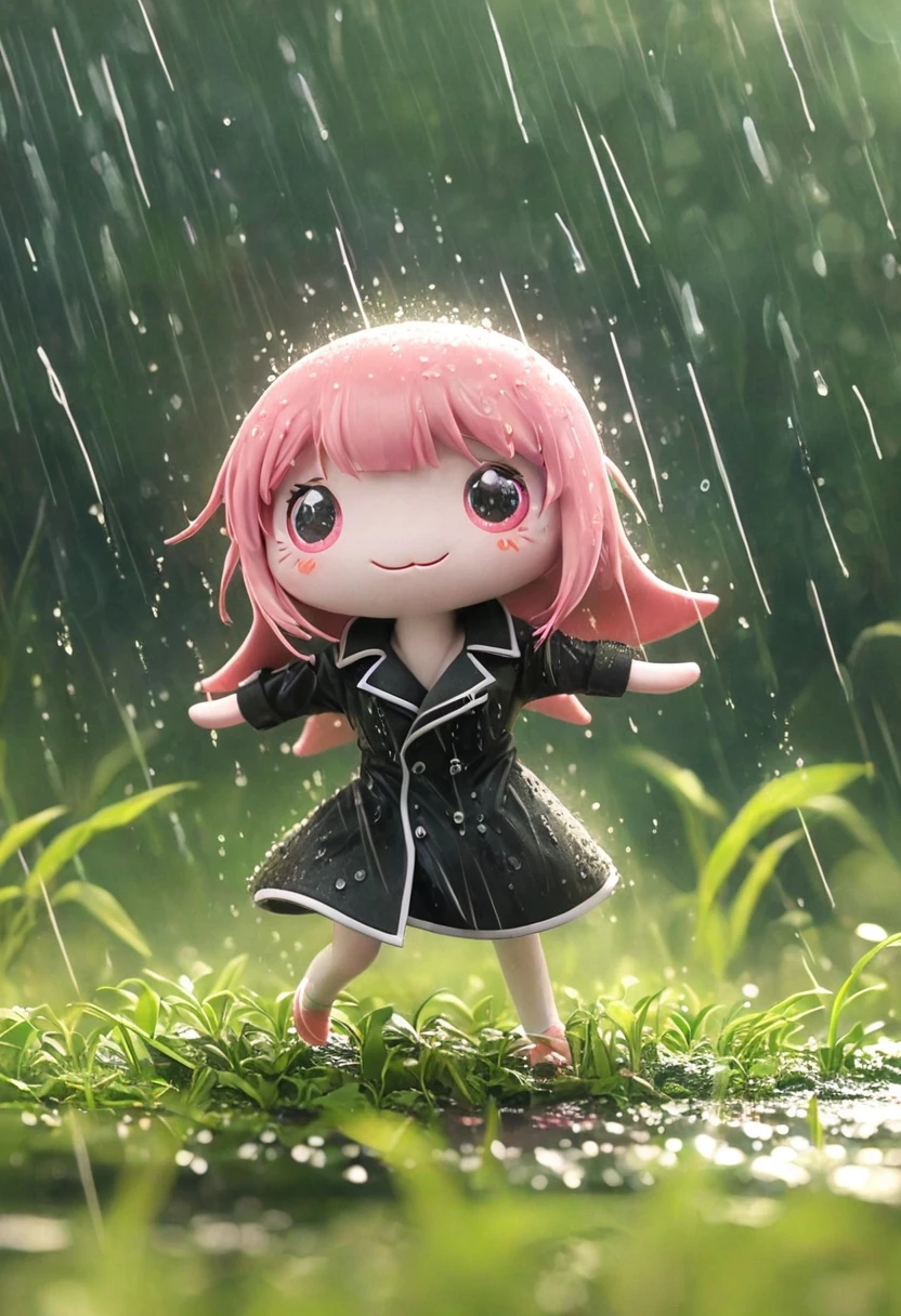 Sexy pink Shark Girl wearing a black trench coat,(No humans),E7E48U,Dancing in the Rain,rain, Background grassland