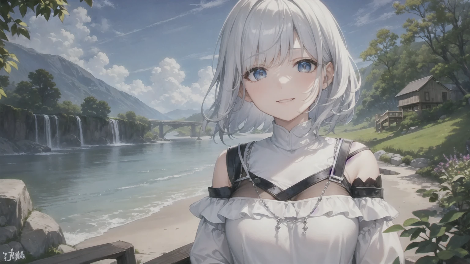 Ultra HD,Look at the viewers, Put your hands behind your back, With a girl, 20-year-old, 非常にShort Hair, Long bangs between the eyes, Pale blue eyes, Very detailed,(masterpiece、Highest quality),Gray Hair、Laughter、Fantastic, Silver Hair, Iris, Short hair、 Fluttering Hair、Small Face、明るいsmile、(Detailed face) ,Professional Lighting,Wonderful landscape,blue sky, sunlight,Looking down from above,Portraiture、Open your mouth、Flower Field、Her eyes were shining、Mysterious and enchanting atmosphere。With AI Painting、とてもShort Hair, Long bangs between the eyes, Very detailed,(masterpiece、Highest quality)、alone、Gray Hair、Fantasy, Silver Hair, Fantasyな風景、White shirt、smile、Open your mouth、short hair、Short Hair、hairpin、black eye、Grey Eyes、Beautiful Eyes、