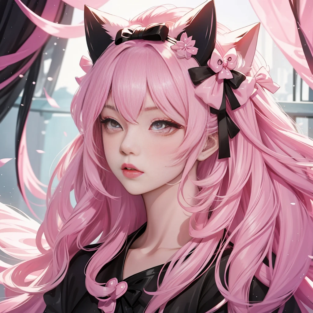 Full body pose。Black outfit。Anime girl pink hair white bow, , Beautiful character painting, , Stunning anime face portrait handsome royal sister cat ears
