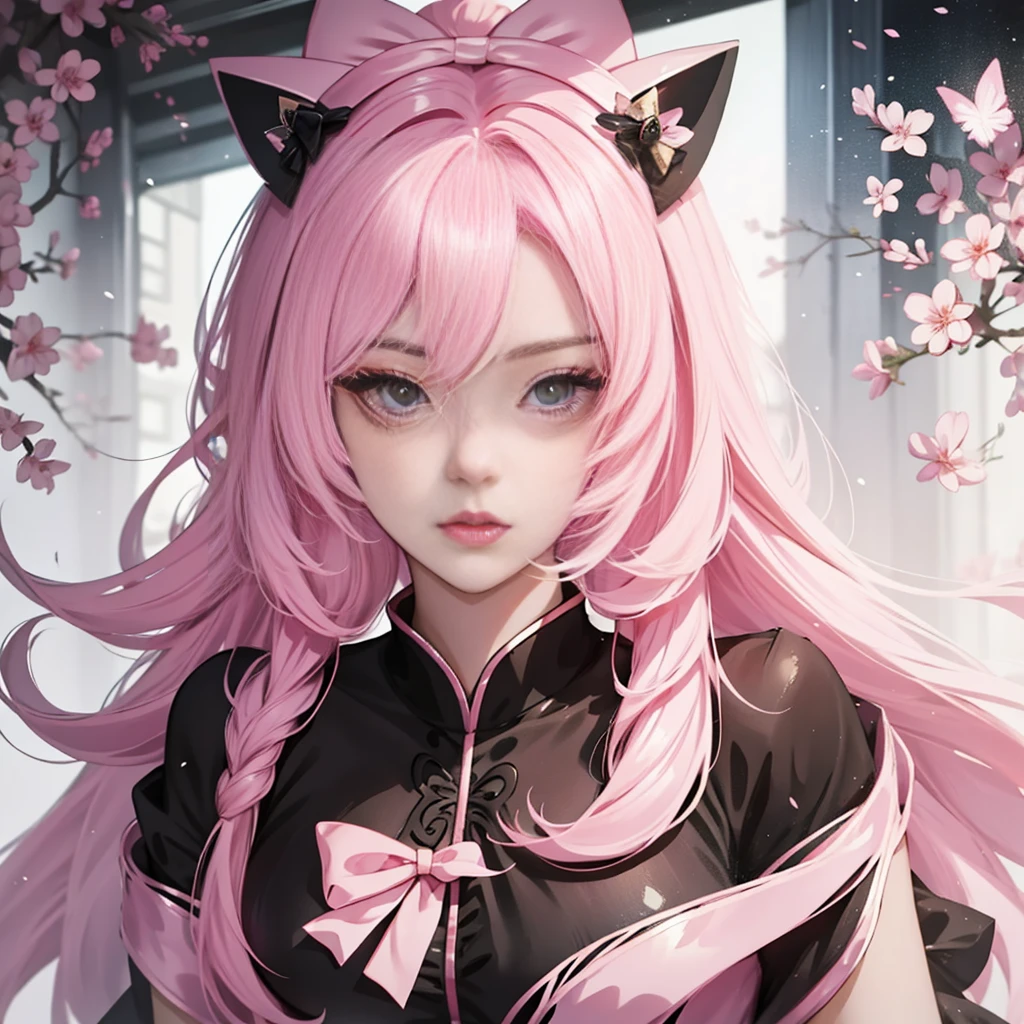Full body pose。Black outfit。Anime girl pink hair white bow, , Beautiful character painting, , Stunning anime face portrait handsome royal sister cat ears