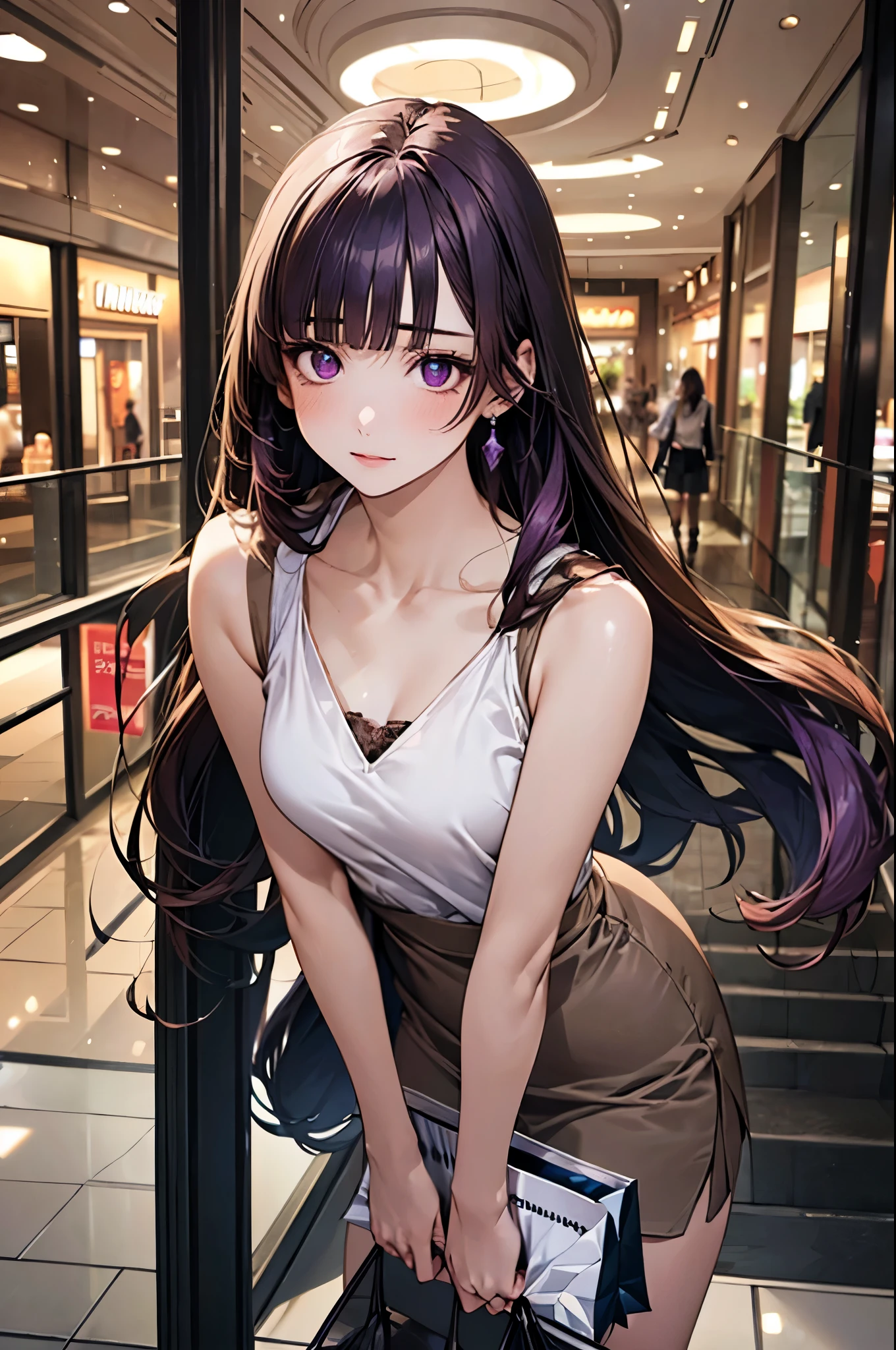 (masterpiece:1.2, top-quality), (realistic, photorealistic:1.4), beautiful illustration, (natural side lighting, movie lighting), nsfw,
looking at viewer, (face focus, upper body), 1 girl, high school girl, (perfect anatomy, anatomically correct, super detailed skin), cute and symmetrical face, perfect face, perfect eyes,
(long hair:1.4, hime style, hime cut, purple hair), blunt bangs, purple eyes, big eyes, long eye lasher, (medium breasts, seductive thighs), slender, face, shiny skin,
beautiful detailed hair, beautiful detailed face, beautiful detailed eyes, beautiful clavicle, beautiful body, beautiful chest, beautiful thigh, beautiful legs, beautiful fingers,
(sleeveless white blouse, rose brown tight skirt, white neck ribbon, white high heels with straps), beige handbag,
(beautiful scenery), evening, (shopping mall:1.5), standing, leaning forward, (hair twirling), (dark persona, envy, scared, upper eyes),