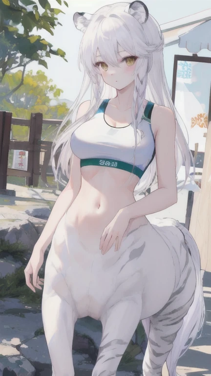 (best quality, masterpiece), 1 girl, centaur, It takes, White skin, Korean ,zoo exhibition,exposing the abdomen,Sportsbra, 아름다운 소녀 perfect white tiger photo, perfect white tiger photo