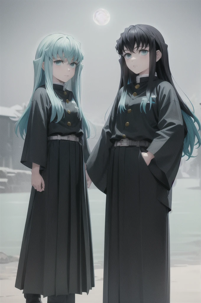 masterpiece, best quality, 1boy, muichiro,long hair, black hair, aqua hair, bangs, multicolored hair, sidelocks, long sleeves, aqua eyes, demon slayer uniform, pants, dark, moon, night, profil, standing, looking at viewer, hands down, idle