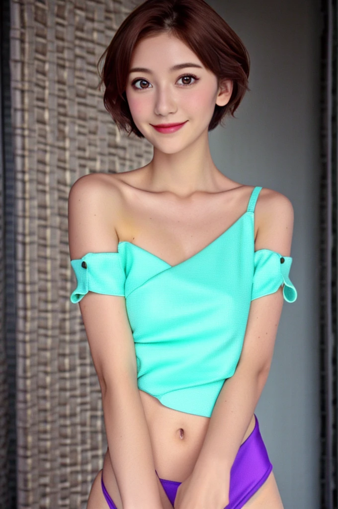 å¸é²è²å¶ç¹,1girl,red eyes,short hair,blush,smile,
off shoulder,casual,t-shirt,collarbone,small breasts,purple panties,bare legs,cowboy shot,, 20yo,Young female,Beautiful Finger,Beautiful long legs,Beautiful body,Beautiful Nose,Beautiful character design, perfect eyes, perfect face,expressive eyes,
looking at viewer,
official art,extremely detailed CG unity 8k wallpaper, perfect lighting,Colorful, Bright_Front_face_Lighting,shiny skin, 
(masterpiece:1.0),(best_quality:1.0), ultra high res,4K,ultra-detailed,
photography, 8K, HDR, highres, absurdres:1.2, Kodak portra 400, film grain, blurry background, bokeh:1.2, lens flare, (vibrant_color:1.2), (beautiful_face:1.5),(narrow_waist), ,NSFW,