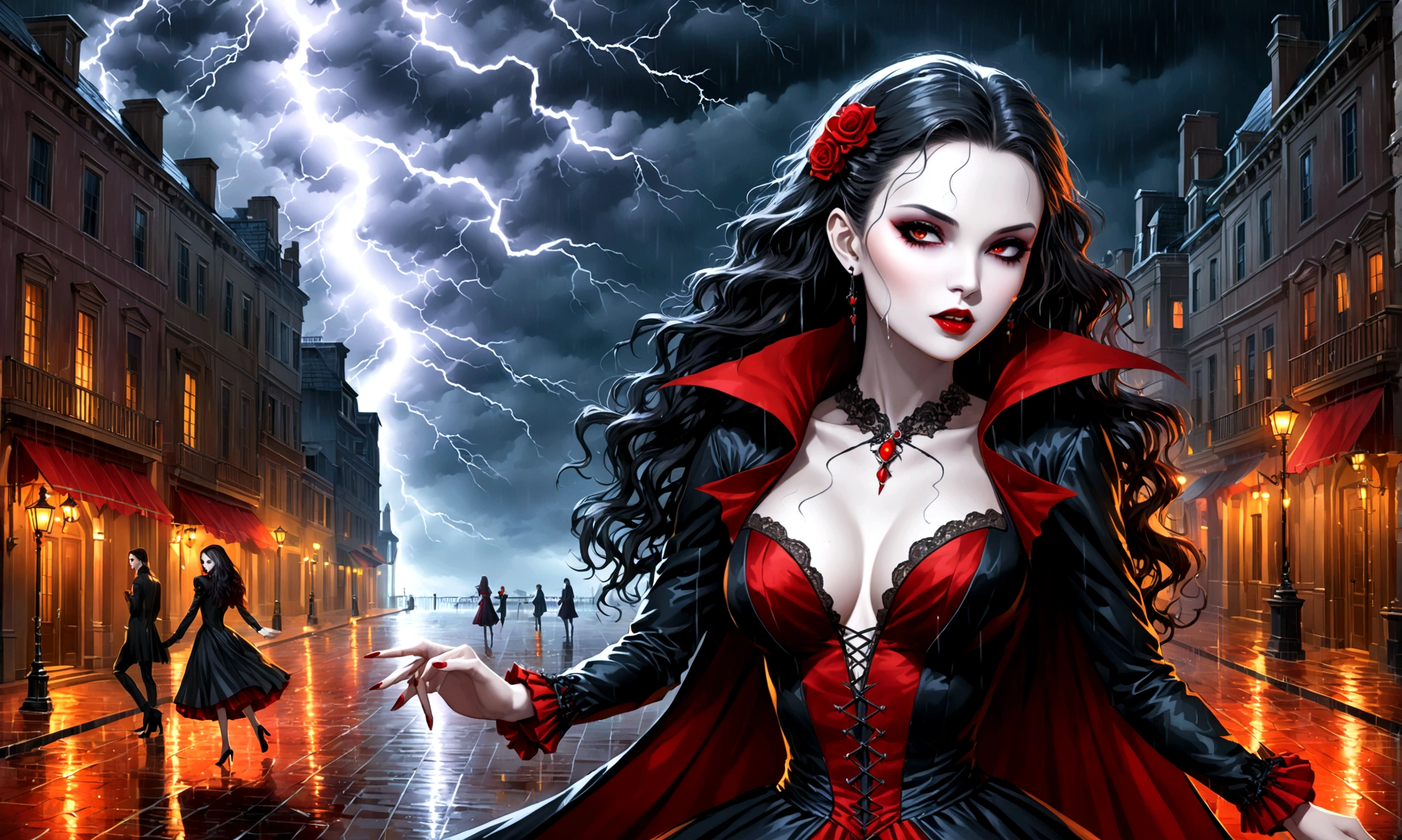 a female vampire (dancing: 1.3) in the rain during lightning storm, goth art, dark fantasy art, glamours (vampire: 1.5) model shot, RAW, award winning picture of a female vampire, dynamic hair color, dynamic hair style, pale skin, full body, busty woman, (most beautiful face: 1.3), (ultra detailed face: 1.2), long hair, wavy hair, pale skin, wearing lace dress, wet dress, dynamic color, dynamic style dress, (intense detailed dress: 1.3), wearing intricate high heels, light make up, modern day high society street in a (lightning: 1.3) storm heavy rain, sense of glorified sensation in the storm, (anatomically correct: 1.4), picture taken from dynamic range, vibrant, Ultra-high resolution, High Contrast, (masterpiece:1.5), highest quality, Best aesthetics), best details, best quality, highres, ultra wide angle, 16k, [ultra detailed], masterpiece, best quality, (extremely detailed), Dark Art Painting Style