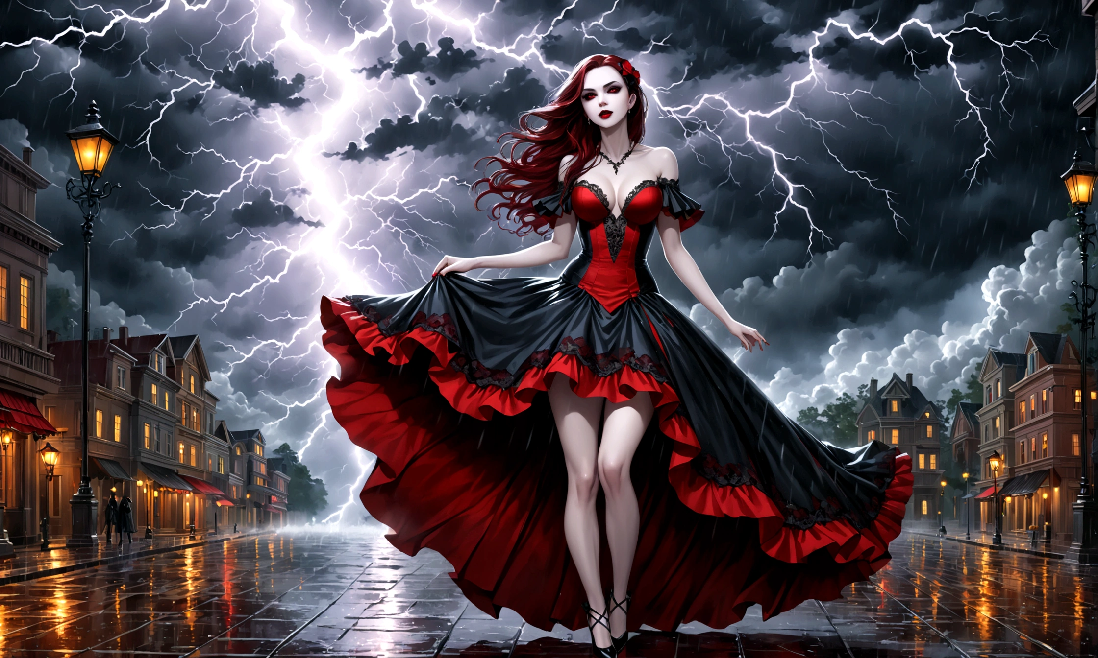 a female vampire (dancing: 1.3) in the rain during lightning storm, goth art, dark fantasy art, glamours (vampire: 1.5) model shot, RAW, award winning picture of a female vampire, dynamic hair color, dynamic hair style, pale skin, full body, busty woman, (most beautiful face: 1.3), (ultra detailed face: 1.2), long hair, wavy hair, pale skin, wearing lace dress, wet dress, dynamic color, dynamic style dress, (intense detailed dress: 1.3), wearing intricate high heels, light make up, modern day high society street in a (lightning: 1.3) storm heavy rain, sense of glorified sensation in the storm, (anatomically correct: 1.4), picture taken from dynamic range, vibrant, Ultra-high resolution, High Contrast, (masterpiece:1.5), highest quality, Best aesthetics), best details, best quality, highres, ultra wide angle, 16k, [ultra detailed], masterpiece, best quality, (extremely detailed), Dark Art Painting Style