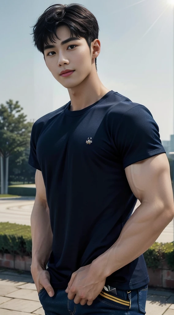 (As a matter of fact, Masterpiece, 8k HD, good light quality, sportswear, fit the face, complicated details), A handsome and muscular young Korean man., Have muscles, (Buzzcut short hair:1.5)  ,(Broad shoulders:1.3), 20 years old, be happy, smile brightly, detailed face, delicate eyes, มองดูsky, (Wear a navy tight T-shirt.:1.6), period, black eyes, Black hair color, ผมsmooth, smooth, outdoor sports, Along the garden, Sunny,sky，