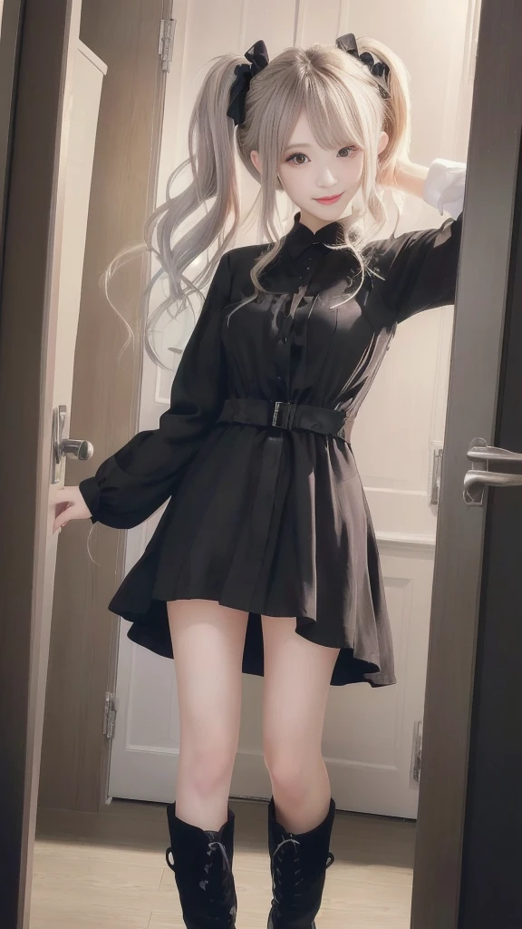 Anime girl standing in a doorway wearing a black dress and black boots, Anime girl in a black dress,  In a dress, from Girls&#39; Frontline, Girls&#39; Frontline style, Cute anime waifu in a nice dress, Fine details, Girls&#39; Frontline, Cute girl anime visuals, Girls&#39; Frontline cg, blonde anime girl with long hair, Beautiful anime school girl, Idol Face, Beautiful breasts, (Detailed eyes and face:1.3, Professional photography techniques), (Detailed hands:1.1, Beautiful little hands of a girl:1.3), (Highest quality, 8K, masterpiece:1.2, RAW Photos)