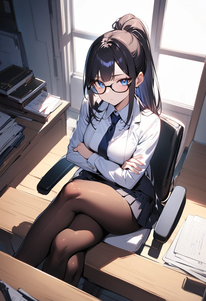 1 girl, 18 years old, long hair, black hair, straight hair, high ponytail, short bangs above brows, blue eyes, black glasses, expressionless, 
BREAK (masterpiece), (high resolution 8K), cinematic lighting, professional lighting, detailed eyes and face, detailed body, 
BREAK office lady, skirt, white blouse, tie, pantyhose, crossed legs, crossed arms, 
BREAK indoors, in the office, desk, sitting on the desk, from above, 