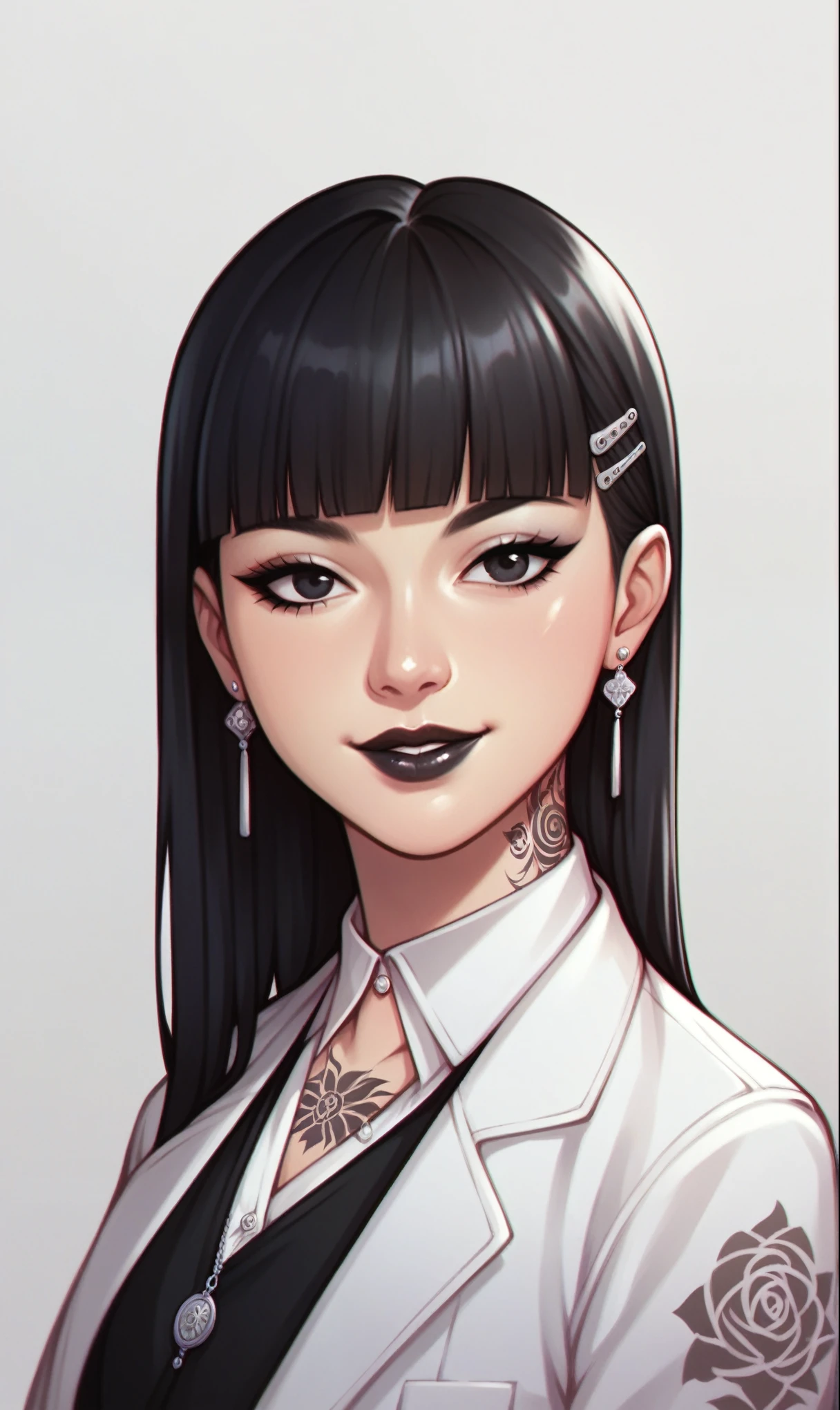 score_9, score_8_up, score_7_up,  1girl, simplified background, Asian, mafia business outfit, , sunny, lovely, hime cut hair, gentle smile, black lips, black eyes, tattoos
