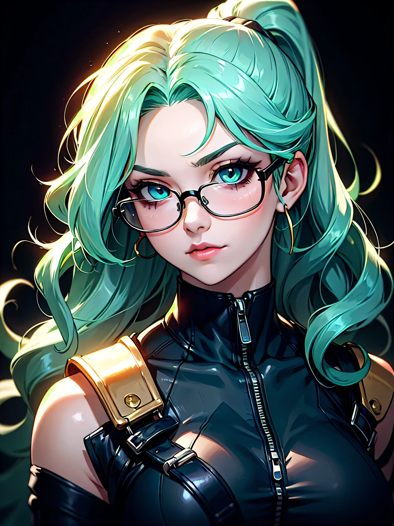 ((Portrait)), She has an Intellectual Appearance, with Crystal Green Hair, Youthful Charm, Thick Breasts, Pale Skin, and a Slim Build. She Expresses a Serious and Intelligent Look, Giving Off a Regal Attitude. She has Bright Turquoise Eyes, and Her Hair is Long and Wavy, Crystal Green, Tied in a Large High Ponytail, with Long Strands Falling Over Her Forehead. She Wears a High-Cut Sleeveless Bodysuit, with a High Neck, Zippers and Buckles, and Tight Tactical Straps, Emphasizing Her Thick Breasts, and Clear Glasses. ((Portrait, HDR, Dark Background))