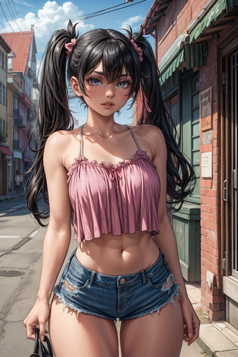 8K, Highest quality, Realistic, Photorealistic, solo, 1 girl, Optics, masterpiece, funny Face, Cute eyes,(Laughter:1.2), (Black hair and twin tails:1.3), Shiny Hair、Depth of written boundarys, Slender, (Pink camisole:1.3)、belly button、Interstrand、(Torn denim shorts:1.3)、(Her shorts are unbuttoned)、 Heart shaped kinky tattoo、生feet、street、Thighs Thighs Thighs Thighs, feet, Urban Background, (お腹uponに, Lower abdomen: 1.6),(Strong winds:1.4),(cloudy:1.2), 、(Crotch seam:1.3)、(Chick:1.2)、(upon:1.3)、(Cheeky little:1.3)、Red eyes、(tsurime:1.3)、Mole under right eye、She is showing her double tooth
(masterpiece), Highest quality, Super detailed, 1024k UHD wallpaper, 超High resolution, Depth of written boundary, High resolution, Ray Tracing, RTTX 10.0, High saturation, High Contrast, Photon Mapping, The best texture, Best Competition Highly Detailed CG 1024k Wallpaper), Ultra HD, Perfect Face, Perfect Anatomy, Perfect hands, Perfect Fingers, (whole body),