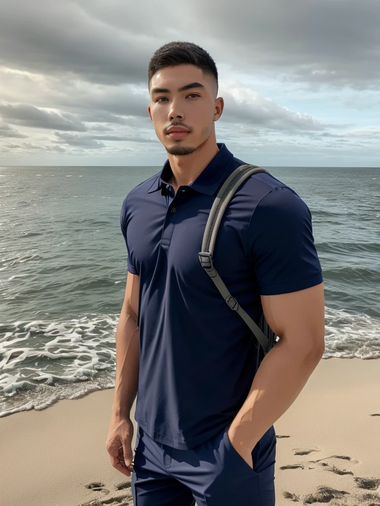 Tony Labrusca, Young man in a navy blue polo shirt Standing by the sea with an expression, looking into the distance Turn your head slightly.，Cloudy day, (Backpack:1.2)