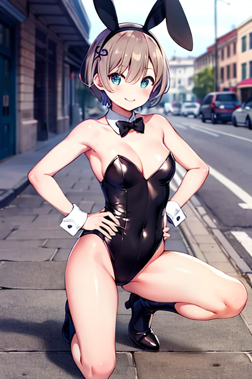 masterpiece, highest quality, High resolution, Rem, alone, Bunny ears, Playboy Bunny, Brown Hair, head band, Hair Ribbon, short hair, Moderate,, Hands on hips, squat, Leg spread, street, smile,