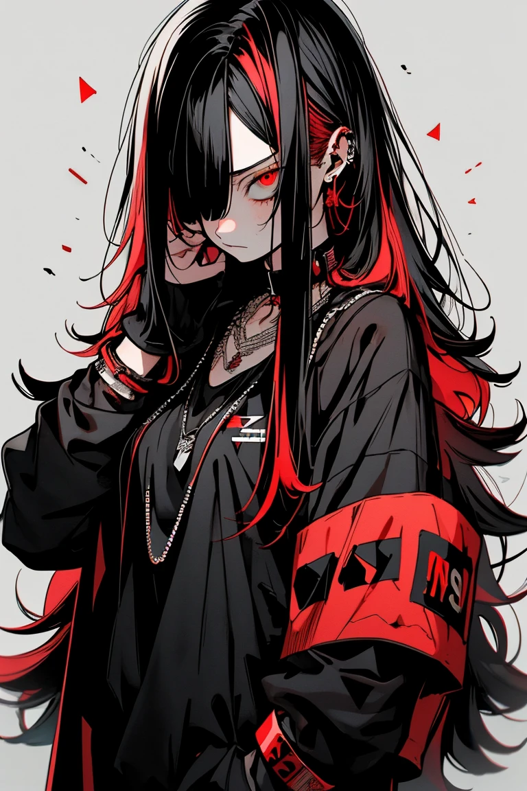 Best quality, complex parts, Chromatic aberration, 1 girl, long hair, black hair, dirty hair, red highlights, hair over one eye, Red eyes, keen eyes, necklace,, , armband, hands behind your back, tied hands,