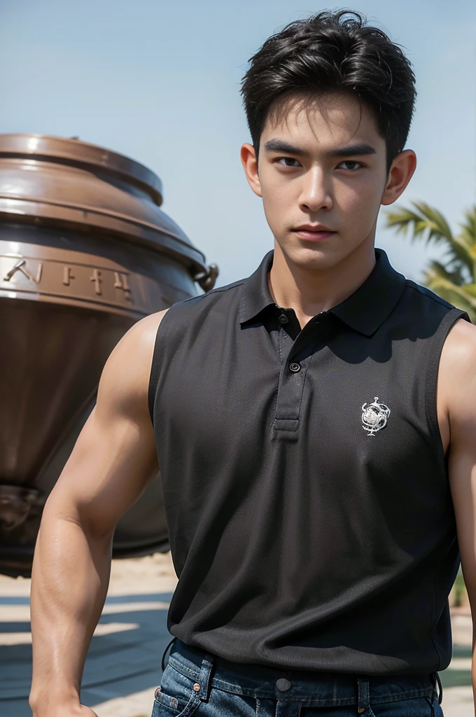 (Masterpiece: 1.2),(CGI art:1.3),(realistic:1.5),(post processing:1.3), (sharp focus:1.3), Asia, 1 male, Korean guy , korean men, (High gloss details), chest muscles, Big arm muscles, blood vessel, big muscles, shoulder, looking at the audience, Balancing the eyes ,(black polo shirt ),(jeans), , By the sea, beach, sunlight, Run towards the camera..
