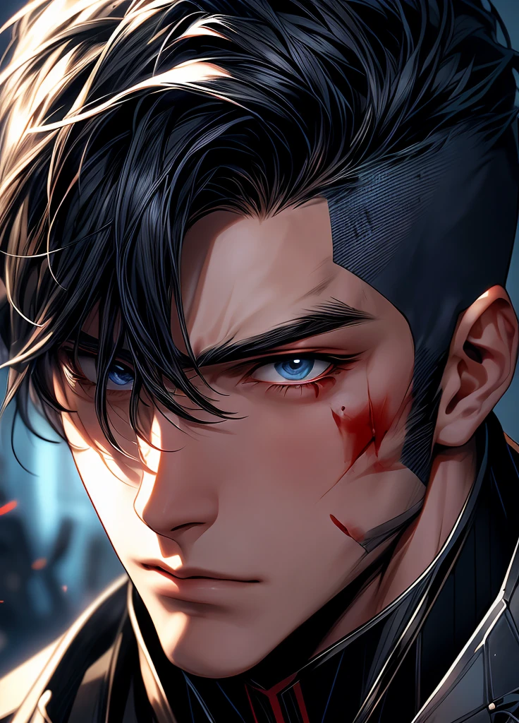 Close-up of a person with blood on their face., Manhwa, (Brave cop Jay Decker), :9 detailed faces: 8, Webtoons, ( ( king of ai art ) ), sigma male, harsh look good face, Bad Ulzzang, Yaoi, (look good ), Highly detailed face anime, Webtoon, The face is beautiful and very detailed.,blue eyes, 30 year old man