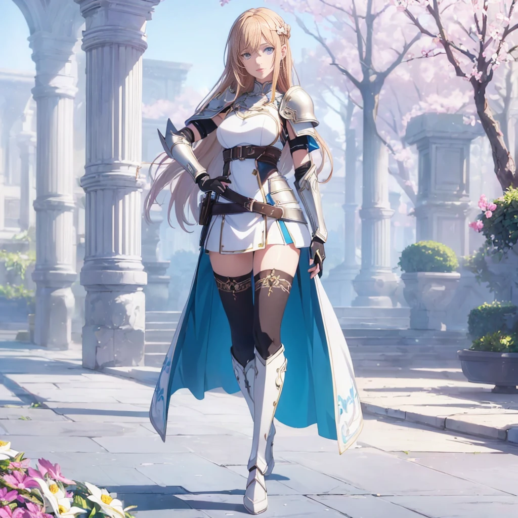 ((1girl, solo)), beautiful body, (perfect anatomy, perfect body, perfect hands, perfect legs), natural proportions, sexy body, large breasts, ((full body, full body front)), hand on hip BREAK
((extremely detailed face)), (beautiful detailed eyes:1.6), (realistic pupils, realistic iris:1), expressive eyes, looking at viewer, (clear eyes:1.3), (hyperrealistic:1.2), (detailed skin texture:1.2), smooth skin, asuna yuuki, long hair, brown hair, brown eyes, (detailed lips:1.2), (attractive lips:1.1), (glossy lips:1.1), perfect face, perfect eyes BREAK
mini dress, long sleeves, (shoulder armor:1.3), (arm guard:1.3), partially fingerless gloves, ((black thighhighs)), knee high boots, armored boots, thighs, zettai ryouiki, belt, cape BREAK
outdoors, day, (garden:1.4), flower, trees, (shade of trees:1.2) BREAK
(masterpiece:1.5), anime-style, top quality, best quality, (beautiful and aesthetic:1.2), (ultra detail:1.5), Ultra-detailed depiction, Ultra-precise depiction, extremely detailed 8k illustration, high resolution, (highly detailed shading:1.2), (realistic lighting:1.4), perfect lighting, vibrant colors, dynamic tones, striking hues, 8k, absurd resolution, perfect shadows, hdr, UHD, ambient lighting, realistic, ultra-realistic, photo realistic, highly detailed, rich detail, luminous colors, fine texture, intricate design, professional illustration, (soft light:1.2), (illustration:0.7)