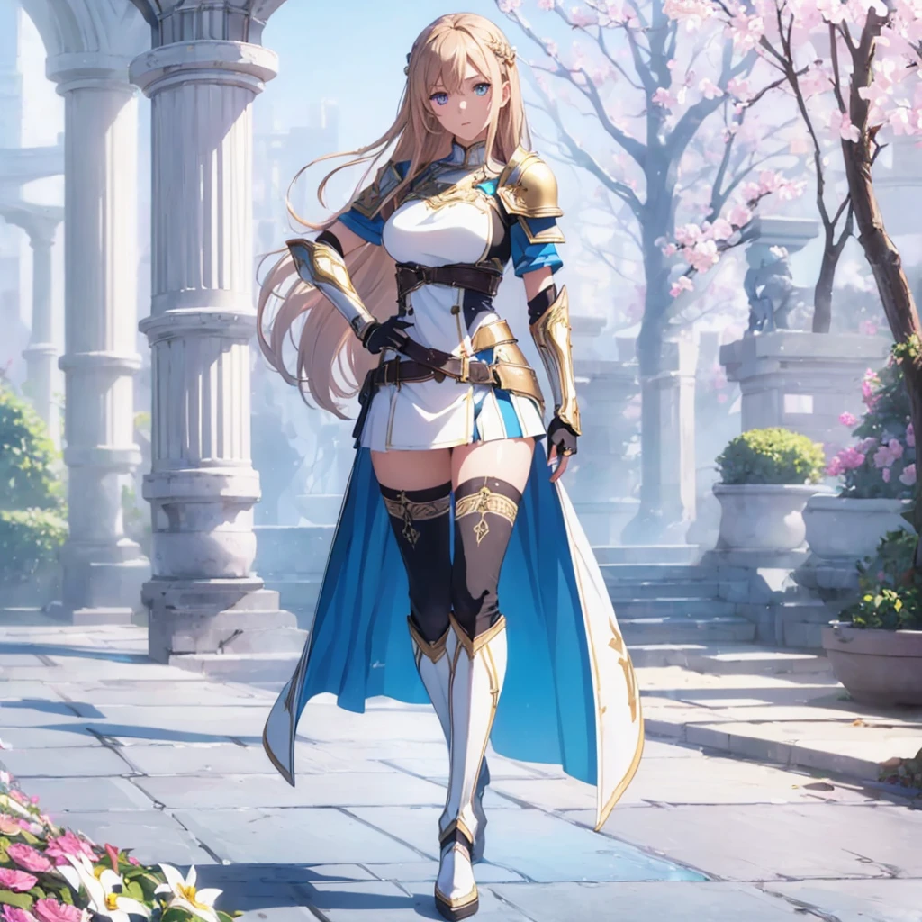 ((1girl, solo)), beautiful body, (perfect anatomy, perfect body, perfect hands, perfect legs), natural proportions, sexy body, large breasts, ((full body, full body front)), hand on hip BREAK
((extremely detailed face)), (beautiful detailed eyes:1.6), (realistic pupils, realistic iris:1), expressive eyes, looking at viewer, (clear eyes:1.3), (hyperrealistic:1.2), (detailed skin texture:1.2), smooth skin, asuna yuuki, long hair, brown hair, brown eyes, (detailed lips:1.2), (attractive lips:1.1), (glossy lips:1.1), perfect face, perfect eyes BREAK
mini dress, long sleeves, (shoulder armor:1.3), (arm guard:1.3), partially fingerless gloves, ((black thighhighs)), knee high boots, armored boots, thighs, zettai ryouiki, belt, cape BREAK
outdoors, day, (garden:1.4), flower, trees, (shade of trees:1.2) BREAK
(masterpiece:1.5), anime-style, top quality, best quality, (beautiful and aesthetic:1.2), (ultra detail:1.5), Ultra-detailed depiction, Ultra-precise depiction, extremely detailed 8k illustration, high resolution, (highly detailed shading:1.2), (realistic lighting:1.4), perfect lighting, vibrant colors, dynamic tones, striking hues, 8k, absurd resolution, perfect shadows, hdr, UHD, ambient lighting, realistic, ultra-realistic, photo realistic, highly detailed, rich detail, luminous colors, fine texture, intricate design, professional illustration, (soft light:1.2), (illustration:0.7)