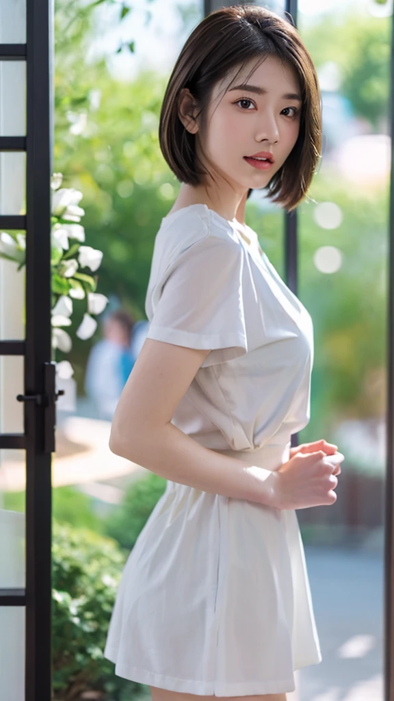 (masterpiece, Highest quality), Depth of written boundary, One girl, The finer details, High detail, High Quality Shadows, Beautiful details, (Bokeh: 1.5), Photographed with Canon EOS, Sigma Art Lens 35mm F1.4, ISO 200 Shutter Speed 2000, Backlight, in front of fashionable café door, door, door, alone, flower, outdoors, mailbox, Day, null, cloud, Day光, white shirt, whole body,whole body, whole body,whole body, From the side, Blurred,blue null, (High detail skin, Skin Details) Mid-chest, Watch Viewer, Watch Viewer, View the viewer, short hair, short hair, Short sleeve, Part your lips, shirt, Brown Hair,