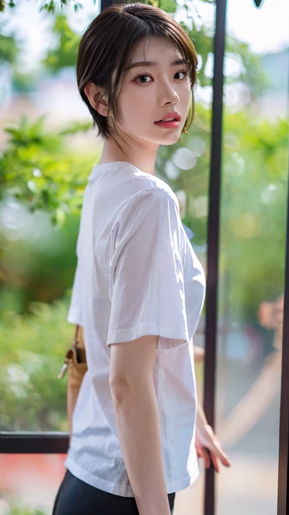 (masterpiece, Highest quality), Depth of written boundary, One girl, The finer details, High detail, High Quality Shadows, Beautiful details, (Bokeh: 1.5), Photographed with Canon EOS, Sigma Art Lens 35mm F1.4, ISO 200 Shutter Speed 2000, Backlight, in front of fashionable café door, door, door, alone, flower, outdoors, mailbox, Day, null, cloud, Day光, white shirt, whole body,whole body, whole body,whole body, From the side, Blurred,blue null, (High detail skin, Skin Details) Mid-chest, Watch Viewer, Watch Viewer, View the viewer, short hair, short hair, Short sleeve, Part your lips, shirt, Brown Hair,